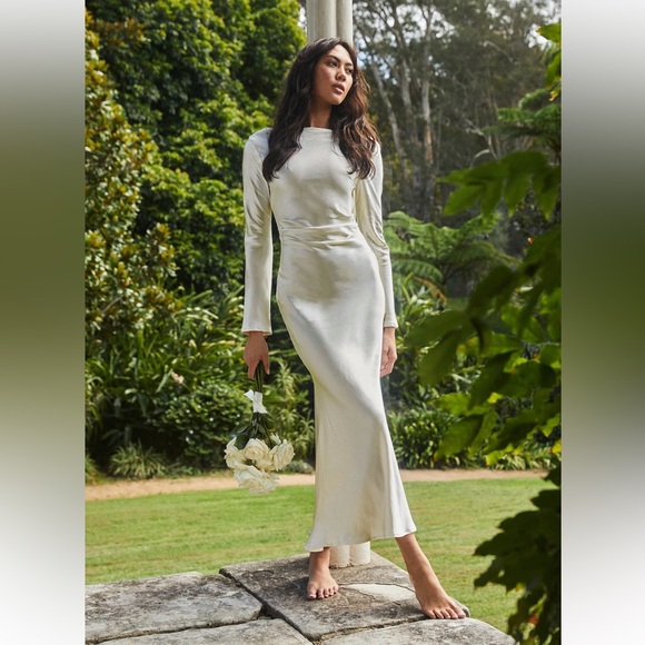 Silky Ivory Cowl Back Satin Maxi Dress - Picture 3 of 5